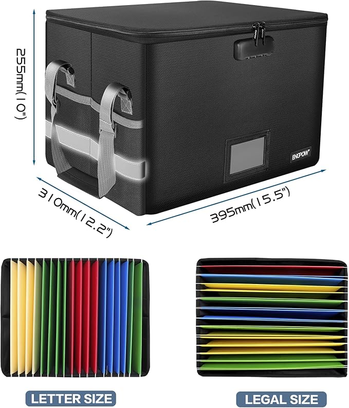 ENGPOW File Box with Lock, Fireproof Document Box with Pockets, Collapsible File Organizer Filing Storage Cabinet with Handle, Portable Home Office Safe for Hanging Letter/Legal Folders,Black,2 Pack