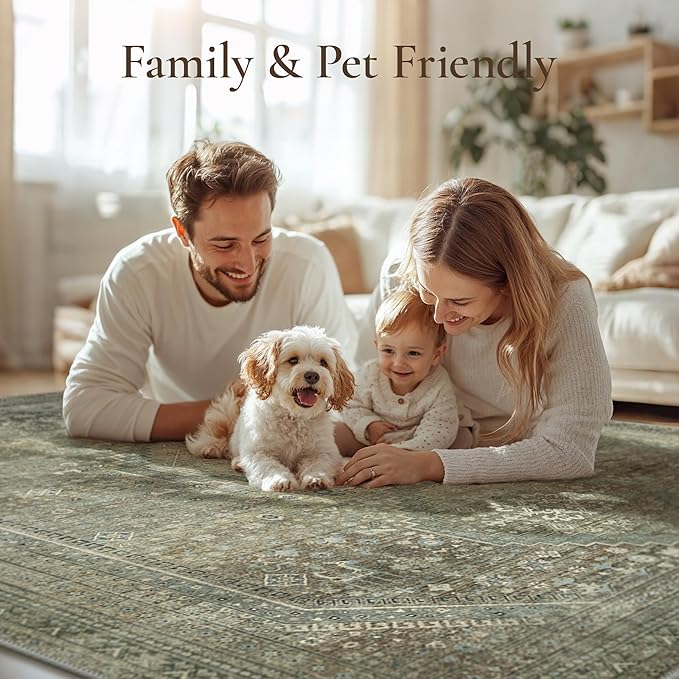GENIMO 9x12 Area Rugs for Living Room, Machine Washable Non Slip Rugs, Low Pile Lightweight Vintage Print Rug for Bedroom, Dining Room, Home Office, Sage/Blue