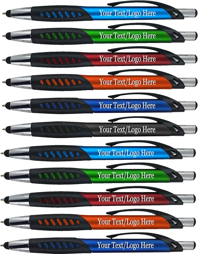 Personalized Pens With Custom Logo or Text-350 Pack Bulk-for Businesses, Parties, and Events, 2 in 1 Ballpoint Pen & Capacitive Stylus for Touchscreen Devices, Click Action, Assorted Colors, Black Ink