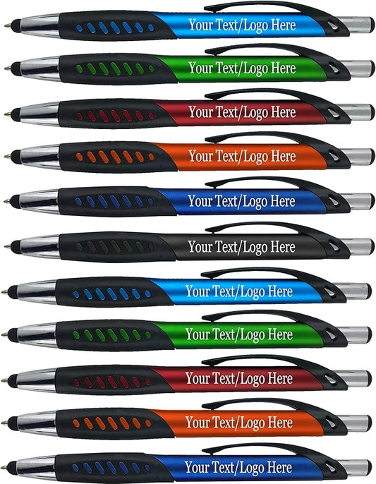 Personalized Pens With Custom Logo or Text-350 Pack Bulk-for Businesses, Parties, and Events, 2 in 1 Ballpoint Pen & Capacitive Stylus for Touchscreen Devices, Click Action, Assorted Colors, Black Ink