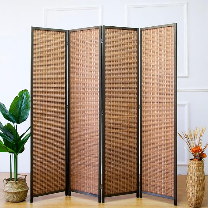 Furnnylane 4 Panel Bamboo Room Divider and Folding Panel Screen,Bamboo Panel Divider for Room Separation,Brown,67" H x 61.4" W