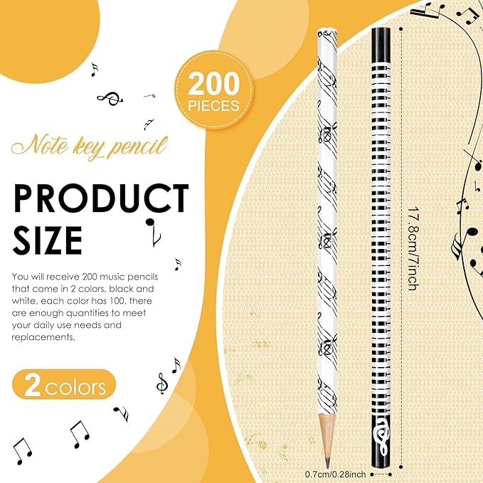 TaoBary 200 Pieces Music Pencils Bulk Music Classroom Supplies Piano Note Pencils Wooden Fun Gifts Party Favors for Piano Students Teachers Artists, Black and White, 7 Inches