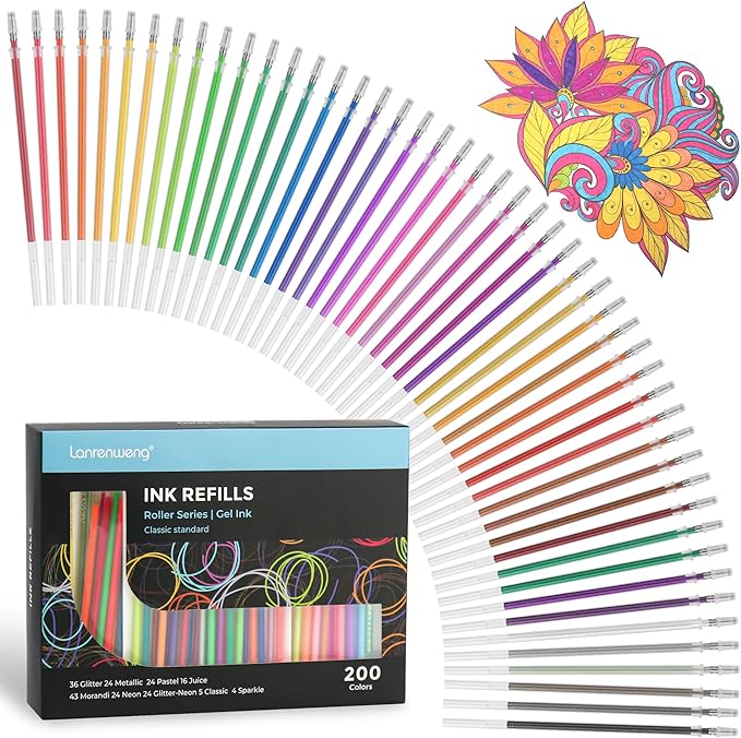 200 Colors Gel Pen Refills, Glitter Neon Gel Ink Pens Refills,Replace Cartridges for Gel Pens Set,9 Color Type for Adult Coloring Books Drawing Doodling Crafts Scrapbooking Journaling,No Repeats