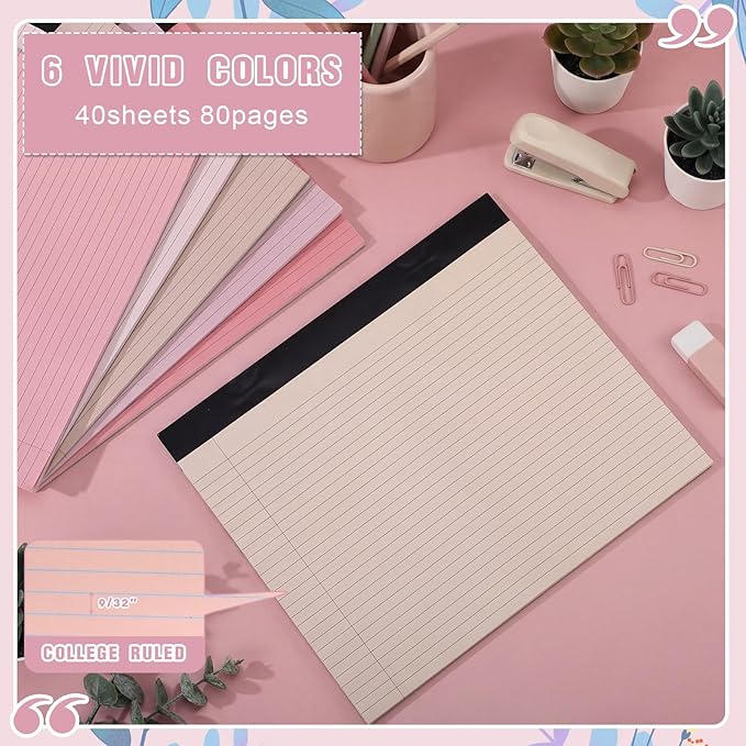 Lincia 6 Pcs 11" x 9.5" Legal Pads College Ruled Notepad Landscape Notebook Horizontal Lined Notebook 80 Gsm Assorted Colors Paper Pastel Writing Pads for School Office, 40 Sheet (Soft Color)