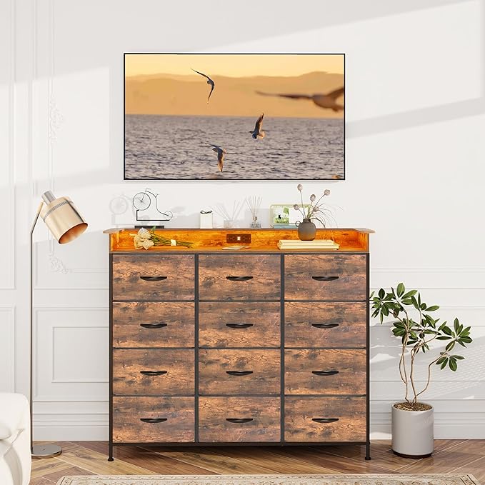 Welfuturer Dresser for Bedroom with 12 Drawers Clothes Dresser with Charging Station and LED Light Fabric Storage Tower for Living Room Hallway Closet Sturdy Steel Frame Wooden Top Rustic Brown