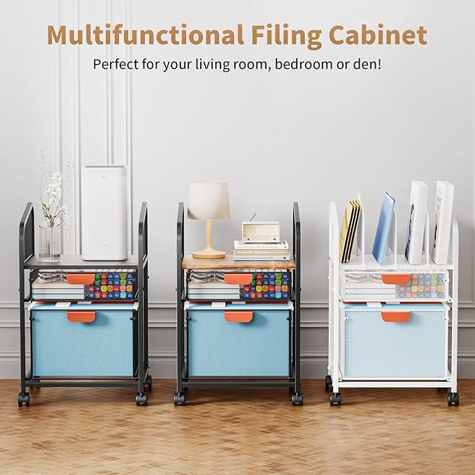 Marbrasse Rolling File Cart with Adjustable Dividers, Mobile File Cabinet on Lockable Wheels, Office Filing Cabinet Organizer, Hanging File Folder Organizer for Home Office - White