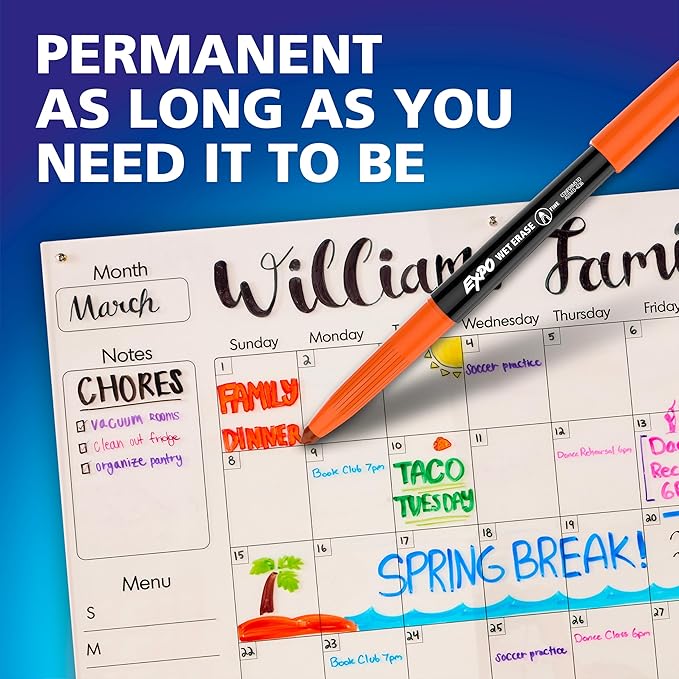 EXPO Wet Erase Markers, Semi-Permanent, Black, Fine Tip, 12 Count - For Writing on Glass, Whiteboards, Mirrors, Calendar, Labeling, Organizing