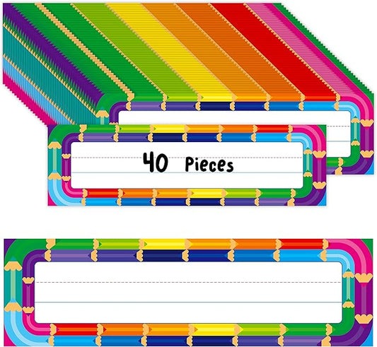 40PCS Desk Nameplates, Double Sided PET Film Desk Name Tags Erasable & Reusable Traditional Manuscript Name Plate Colorful Decoration for Student School Classroom Organization (10” x 2.8”)