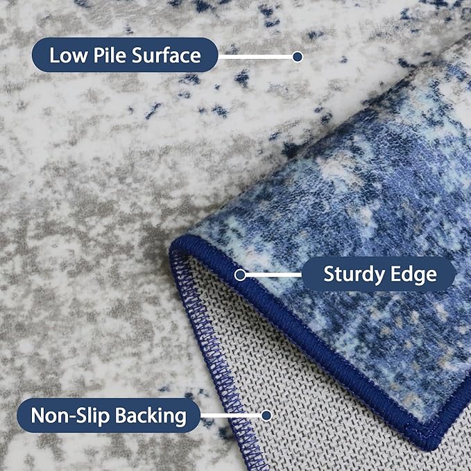 GENIMO 4x6 Area Rugs for Living Room, Non Slip Machine Washable Modern Indoor Rug, Low Pile Lightweight Blue Print Rug for Bedroom Dining Room Home Office, Blue Ivory