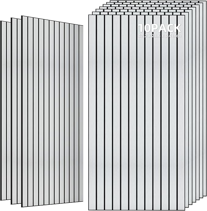 TO-TH Wood-Look Acoustic Wall Panels, 10 Pack 47.2” x 23.6” Sound Panels, Decorative Wood Panels for Wall Sound Dampening Panels for Home, Office, Basement, White Oak with Mitered Edges