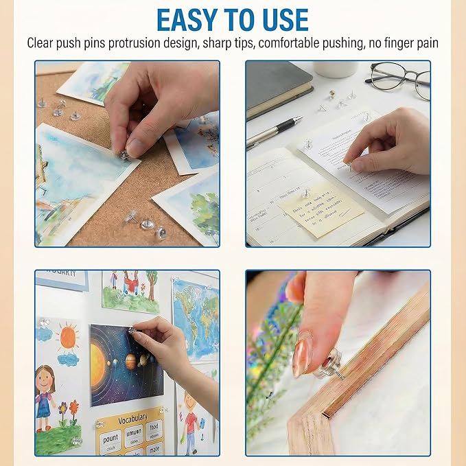 Push Pins 200Pcs Thumb Tacks: Clear Push Pin for Bulletin Board - Plastic Head & Steel Point - Reusable Cork Board Thumbtacks for Wall Map Posters Picture Hanging Home Office School