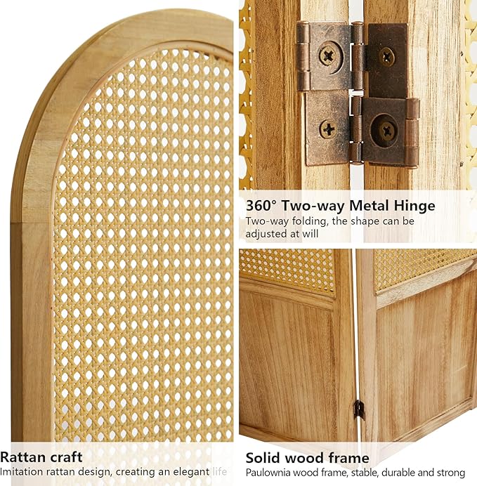 Asnefeli 6 Panels Room Divider, Folding Privacy Screen, Foldable Wood Rattan Room Divider Panel, Portable Partition Screen Wall Divider for Room Separation Bedroom Home Office Garden Terrace (Natural)