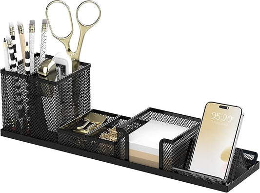 SUPEASY Pen Holder for Desk, 6 Piece Mesh Desk Organizer set for Office Organization with Mail Organizer, Letter Phone Holder, Sticky Notes Caddy Storage, Black