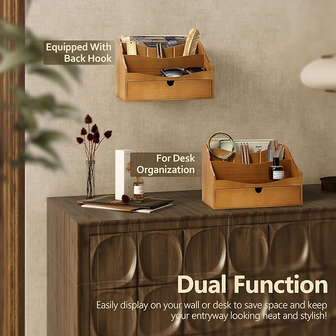 Rebee Vision Pine Wood Mail Organizer for Desk - Rustic Chic with Drawer & Dividers - 4-Slot File Holder & Small Items - Storage Organizer for Charming Home Decor(Yellow)