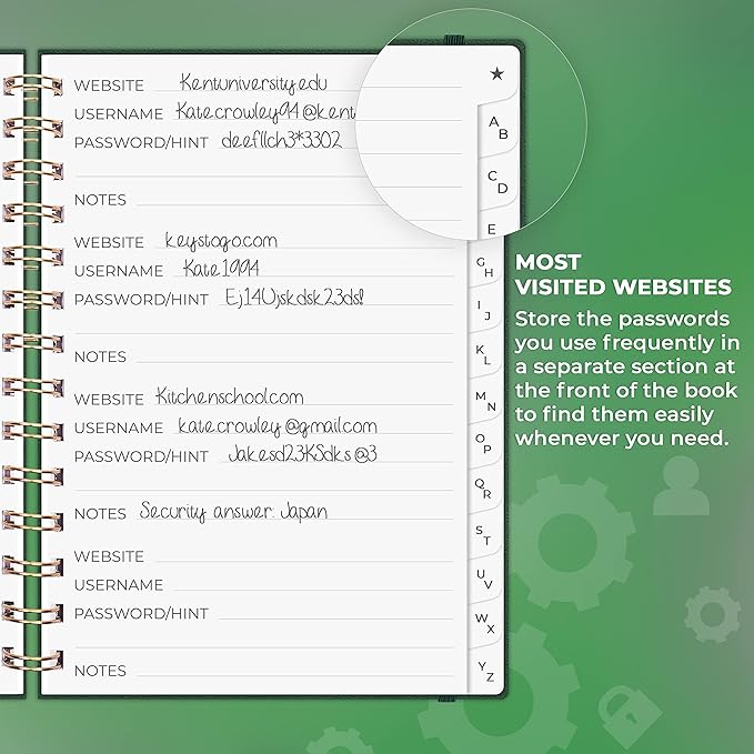 Clever Fox Password Book Spiral – Internet Address & Password Organizer with Laminated Alphabetical Tabs – Password Keeper Journal – Hardcover, Medium Size, 6.1x7.7” (Dark Green)