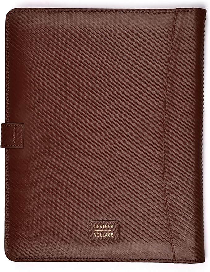 LEATHER VILLAGE Portfolio Professional Organizer– Carbon Fiber Genuine Leather Padfolio Resume Folder for A4 Letter Pad with Pen Holder, Business Card Slots & Writing Pad– Ideal for Men & Women-Brown