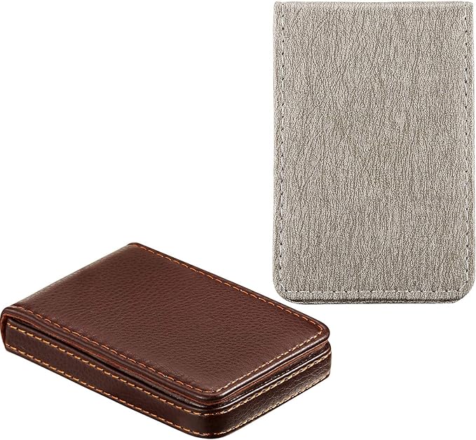 Outus 2 Pieces Business Card Holder, PU Leather Business Card Case Pocket Wallet with Magnetic Shut for Christmas Gift Men Women(Coffee and Gray,Classic)