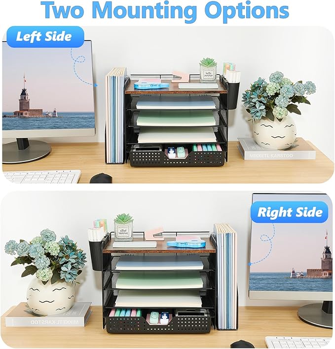 OPNICE Desk Organizer, 5-Tier Paper File Organizer with Drawer & Pen Holder, Office Desk Accessories, Workspace Desktop Organizer for Office Supplies(Brown Wood)
