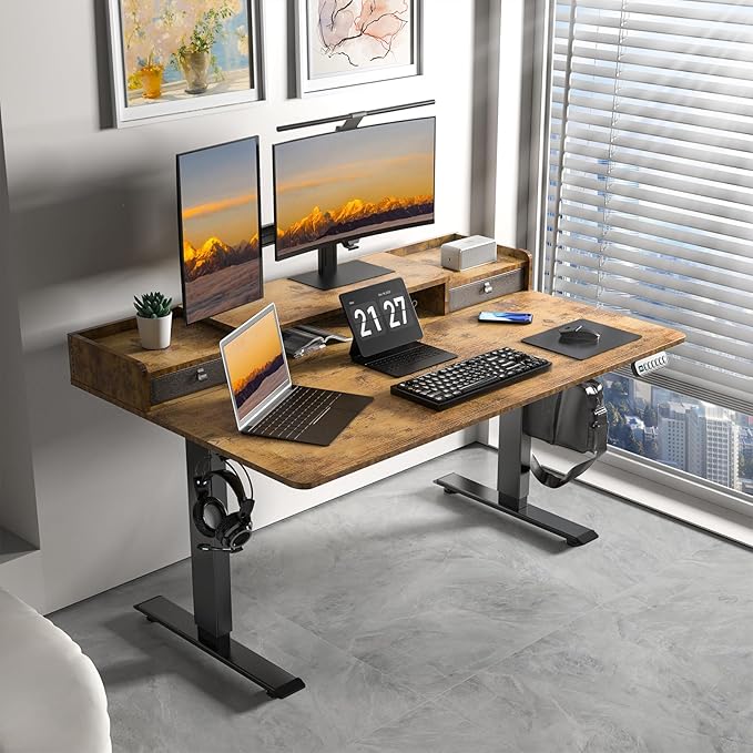 ExaDesk 55 x 30 Inch Electric Standing Desk with 2 Drawers, Adjustable Height Widened Stand Up Desk with Storage, Sit to Stand Ergonomic Workstation for Home Office, Rustic Brown