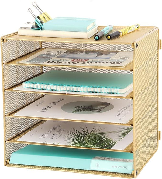 EASEPRES 5 Slot Mesh Desk Organizer Tray, File Paper Letter Folder Holder Desktop Paper Sorter Mail Organization Rack Storage Accessories, for Office Home School Classroom, Gold