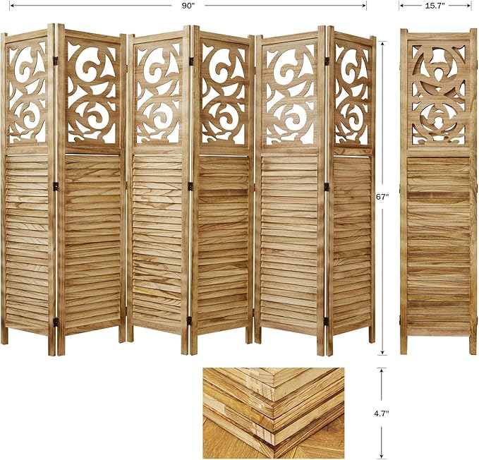 Room Divider Wood Carved Wall Divider Indoor Folding Portable Partition Screen for Home Office Garden Terrace - 6 Panel, 67 * 90inch (Wood)