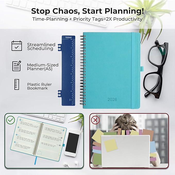 IN-LUXPRO Planner 2026 Daily Weekly and Monthly,8.5"x6.5",12 Months Spiral Bound Calendar Agenda with Self-adhesive Pen Holder,2026 Appointment Book with Vegan Leather Soft Cover,Light Blue