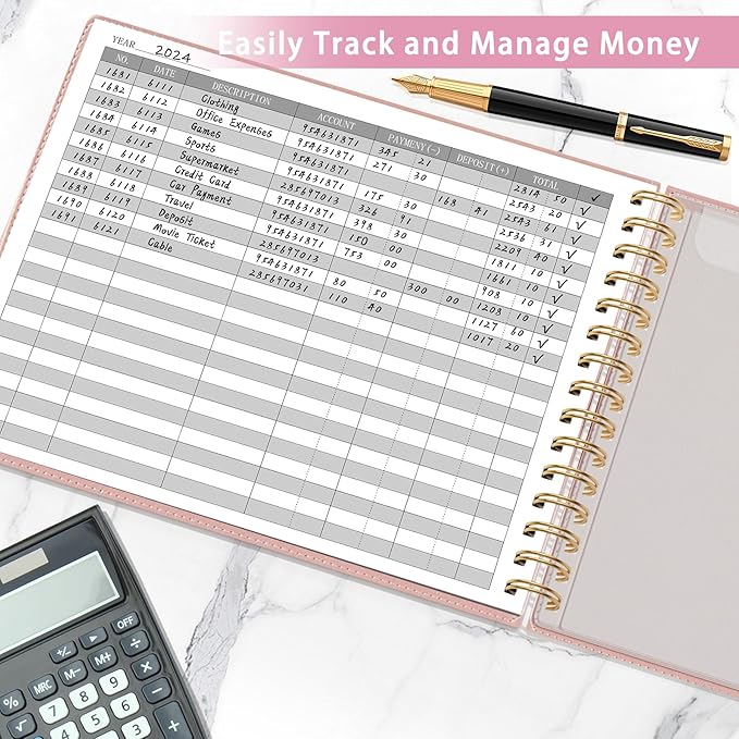 HAUTOCO Hardcover Accounting Ledger Book for Small Business Bookkeeping Horizontal Money Expense Tracker Notebook with 2 Storage Pouch, Personal Columnar Log Journal 10.78 x 8'', Rose Gold