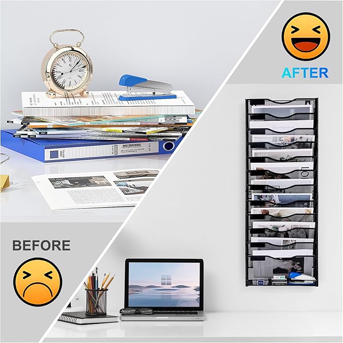 Solinxe 12-Tier Wall File Organizer, Mesh Mail Organizer Wall Mounted Paper Document Holder, Vertical Magazine Rack, Metal Hanging Clipboard Storage Basket for Office Home School Organization, Black