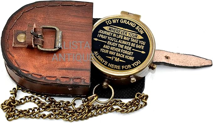 Vintage Brass Pocket Compass Gift for Grandson “to My Grandson” Engraved Compass with Leather Case & Chain | Meaningful Keepsake for Grandson | Birthday Gift | Graduation Day Gifts