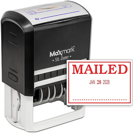 MaxMark Large Self-Inking Rubber Date Office Stamp with Mailed Phrase & Date - Red Ink, 12-Year Band - Style 3