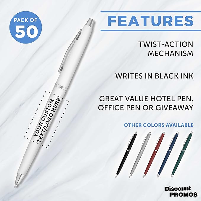 DISCOUNT PROMOS Custom Langham Ballpoint Ink Pen - Set of 50 Writing Pens for Work - Cool Pens for Writing, Black Ink, White