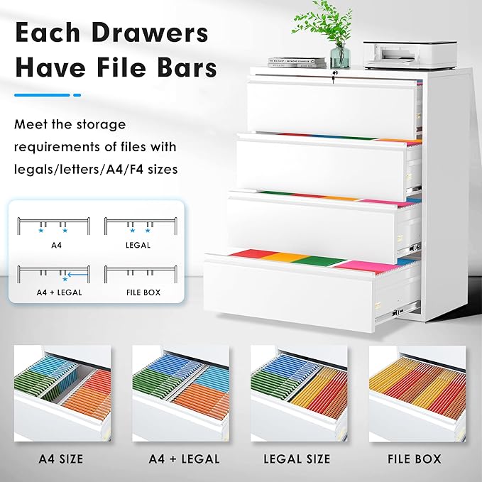 Pataku 4 Drawer File Cabinet with Lock, Metal Lateral File Cabinets for Home Office, Locking Filling Cabinets for Hanging Files Letter/Legal/F4/A4 Size(4Drawer/White)