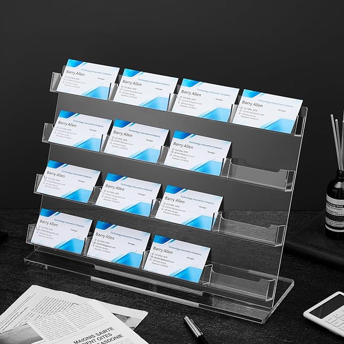 Dunzoom Business Card Holder for Desk 16 Slots Clear Gift Card Display Acrylic Business Holder Display Stand Multiple Organizer for Office Meeting Exhibition Home