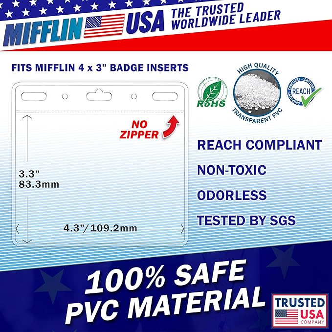 Mifflin-USA Card Protector (4x3 Inch, Clear, Bulk 50 Pack) Quick Load Horizontal No Zipper Name ID Badge Holder