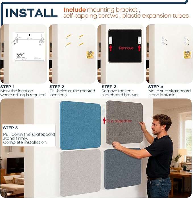 BUBOS 4 PCS Acoustic Panels,Fabric Soundproof Wall Panels,Self-adhesive Sound Absorbing Panels for Studios, Office, Home Theater (Mistral, 23.6''x23.6'')