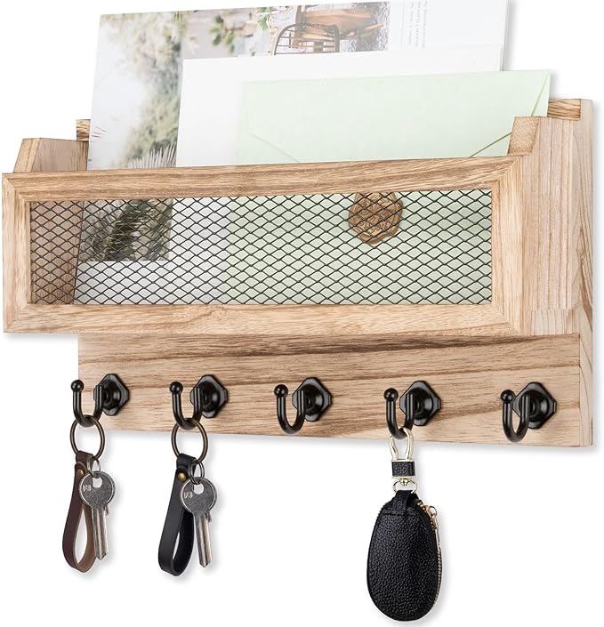 Nekon Mail and Key Holder for Wall Decorative, 11 Inch Wooden Wall Key Organizer with 5 Key Hooks, Wall Mount Storage Shelf for Entryway Hallway (Wood)