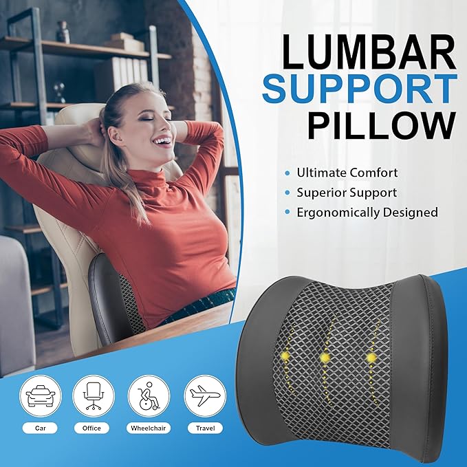 Lofty Aim Memory Foam Lumbar Cushion Provides Lower Back Pain Relief and Comfortable Support for Driving, Chair Support for Car-Office Chair, Wheelchair - Sleek Black