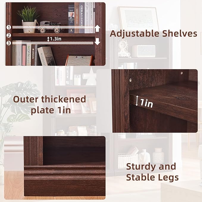 RWYHG 70" Walnut Tall Bookshelf Set of 2,5-Tier Thick Wooden Book Shelf with Adjustable Shelves,Free Standing Farmhouse Bookcase with Open Display Storage,Floor Vintage Bookshelves for Living Room