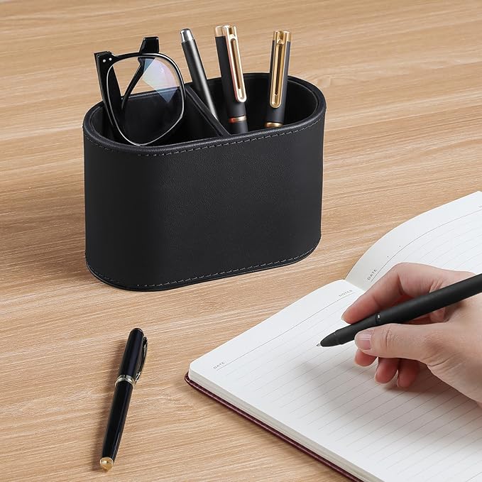 MEIBOOCH PU Leather Pen Holder for Desk, Small Remote Control Holder Pencil Cup Multifunctional Desktop Organizer Caddy for Home School Office Desk Accessories - 2 Compartments (Black)