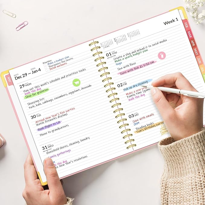 Forvencer 2026 Planner, Hardcover Calendar Planner Weekly and Monthly, Jan 2026 - Dec 2026, 6" x 8", Spiral Agenda Book with Tabs, Exquisite Daily Journal Organizer for Home School, Pink