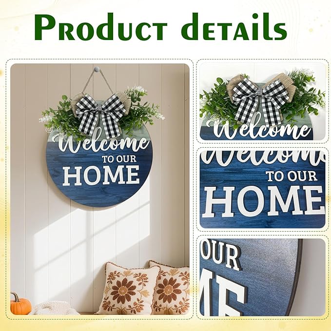 VPDTVK Welcome Sign for Front Door, Rustic Welcome Door Sign Outdoor Wreaths Decor for Spring Summer Autumn and Winter All Seasons Holiday Halloween Christmas(Blue)