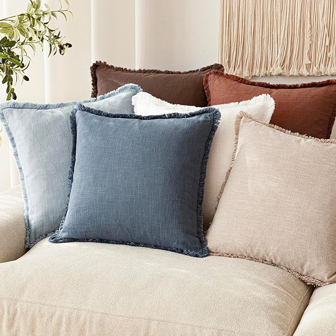 Foindtower Set of 2 Decorative Linen Fringe Throw Pillow Covers Boho Farmhouse Cushion Cover with Tassels Soft Accent Pillowcase for Couch Chair Sofa Bed Living Room Home Decor,18×18 Inch,Sky Blue