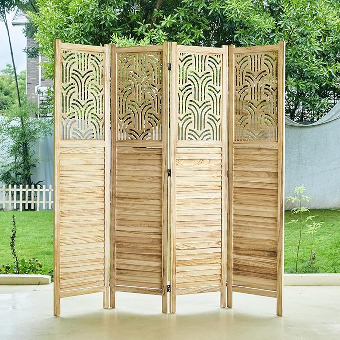 Svimi Folding Room Divider, 66.9 Inch 4 Panels Wood Carved Privacy Screens, Free Assembled Freestanding Portable Separation Wall for Home Office Bedroom (Natural)