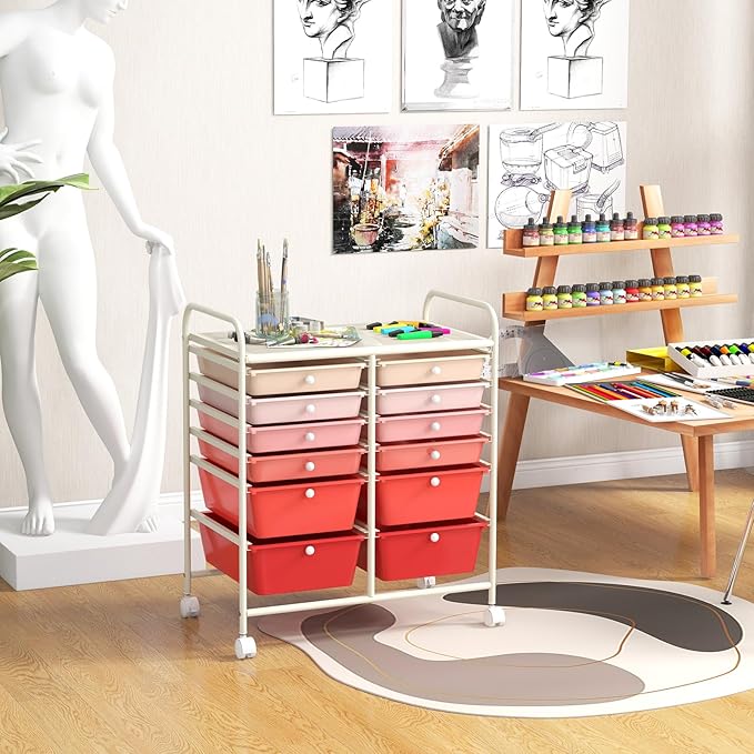 LDAILY 12 Drawer Rolling Storage Cart, Craft Cart Organizer on Wheels w/Metal Frame, Large Capacity & Smooth Drawer, Rolling Cart w/Drawers for Classroom, Office