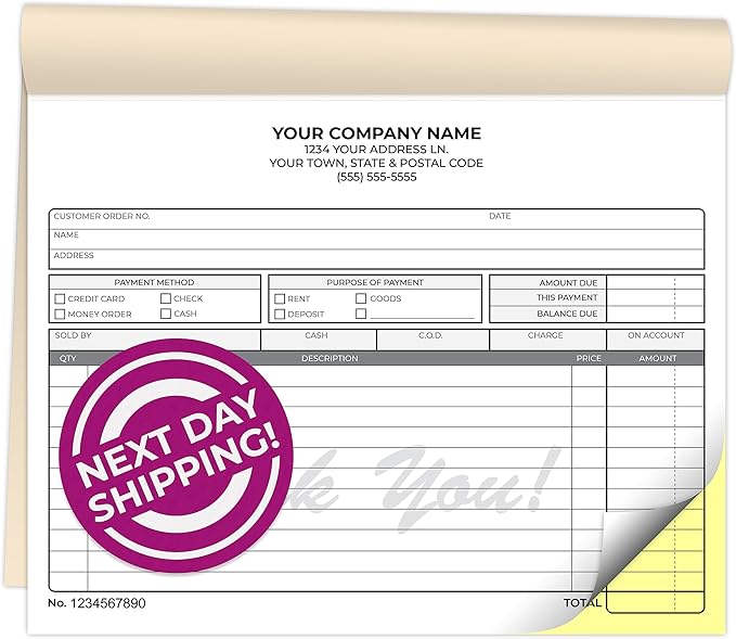 Custom 8.5" x 7" Carbonless NCR Books in 2-Part Duplicate Invoices, Receipts, Work Orders, Sales Orders, Purchase Orders, Estimates, Quote Forms with Your Company/Business Name (100 Sets)