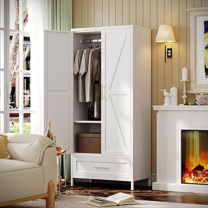 SUPEER Metal Wardrobe Cabinet with 1 Drawer and Hanging Rod, 70.9" H Metal Closet Cabient with Adjustable Shelf for Bedroom, Laundry Room, Home,Office,Installation Required,White