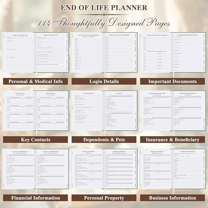 Lanpn End of Life Planner Death Organizer with Tabs, Final Wishes & Financial Estate Planning Journal, When I Die Journal for Senior, Before Death Life and Care Plan Book (Leather Hardcover)