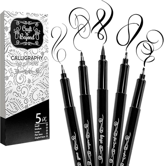 Craft 'n' Beyond Calligraphy Brush Pens Pack of 5 Markers for Hand Lettering, Art Drawing, Sketching, Scrapbooking, Writing, Journaling tip - Beginner Kit with Fadeproof Black Ink