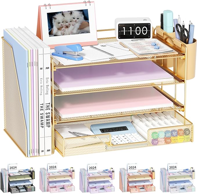 OPNICE Desk Organizer, 4-Tier Desktop File Organizer with Drawer and 2 Pen Holders, Office Desk Accessories, File Sorters, Workspace Organizers for Office Supplies(Gold)