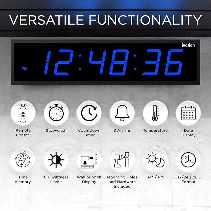Ivation Oversized 24" Large Digital LED Clock | Big Digital Clock w/Multi-Function Display – Stopwatch, Timer, Alarms, Temp & Date | 6 Brightness Levels, Time Memory & Remote (Blue)
